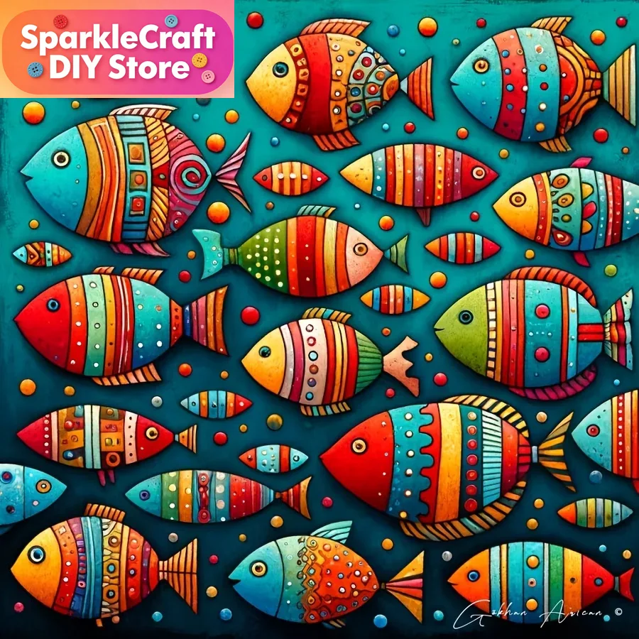 Resin Art Wall Decor - Colorful Whimsical Fish School 5D Diamond